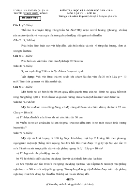 Kiểm tra học kỳ I - Năm học 2014 - 2015 thời gian làm bài 45 phút (không kể thời gian phát đề) môn vật lý  Lớp 10